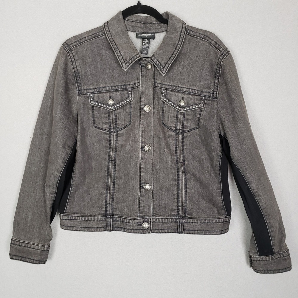Style & Co Jean Jacket Black Panel Gray Denim Grunge Emo Punk Size Petite XL